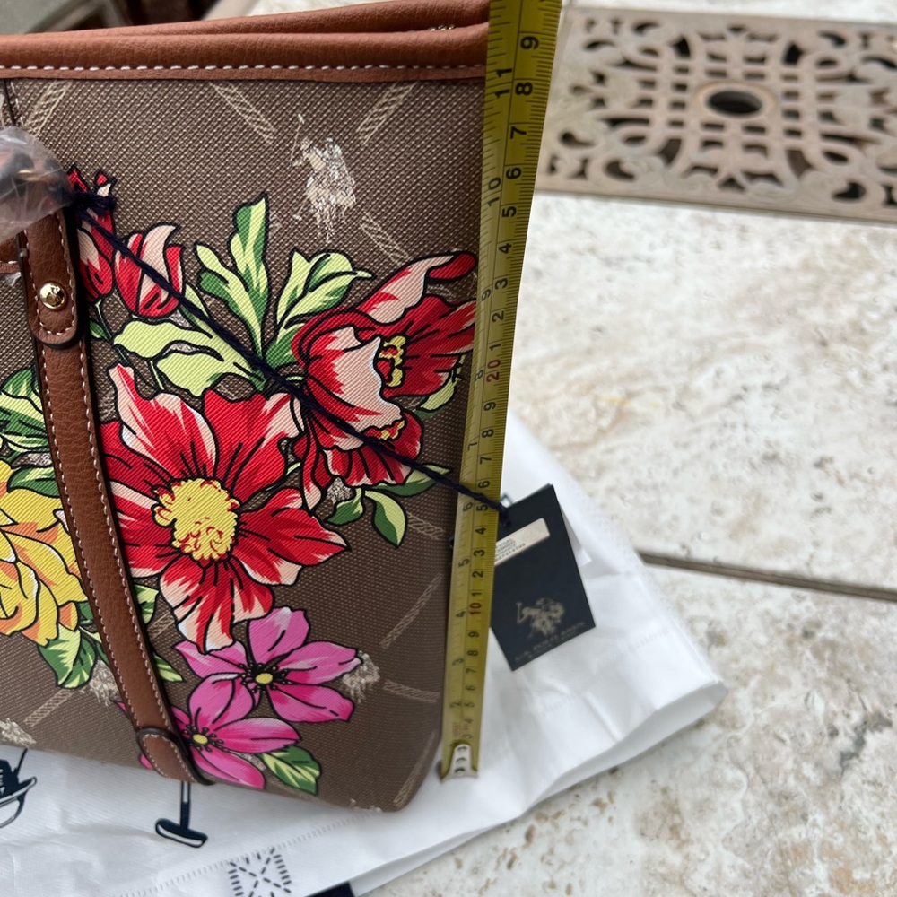 NWT RARE U.S. Polo Assn. Floral Tote Bag - Brown with Pink and Yellow flowers 🌺 - Picture 7 of 12
